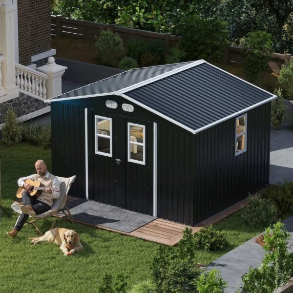8x10ft-Outdoor-Storage-Shed,-Windows-Lockable-Doors,-Dark-Gray-Storage-Sheds 8x10ft Outdoor Storage Shed, Windows Lockable Doors, Dark Gray Storage Sheds