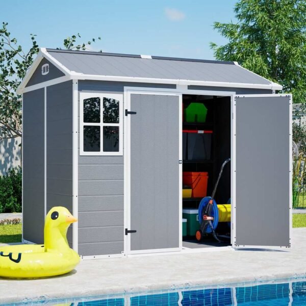 GDFStudio---Large-Plastic-Utility-Shed-with-Floor-&-Lockable-Doors-for-Easy-Access,-Storage-for-Garden-Tools-&-Trash-Bins GDFStudio - Large Plastic Utility Shed with Floor & Lockable Doors for Easy Access, Storage for Garden Tools & Trash Bins