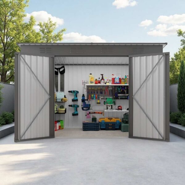 Outdoor-Metal-Storage-Shed-with-Sloping-Roof,-6-vents-and-2-Swing-Doors Outdoor Metal Storage Shed with Sloping Roof, 6 vents and 2 Swing Doors